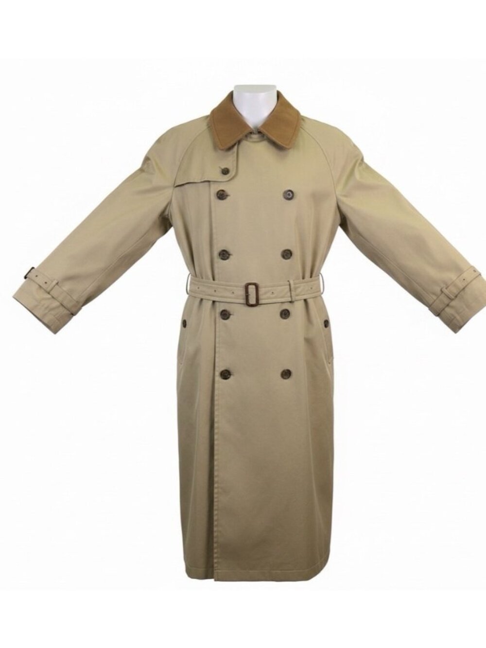Sanyo Mens Khaki Double Breasted Trench Coat With Belt Wool Collar 42R
